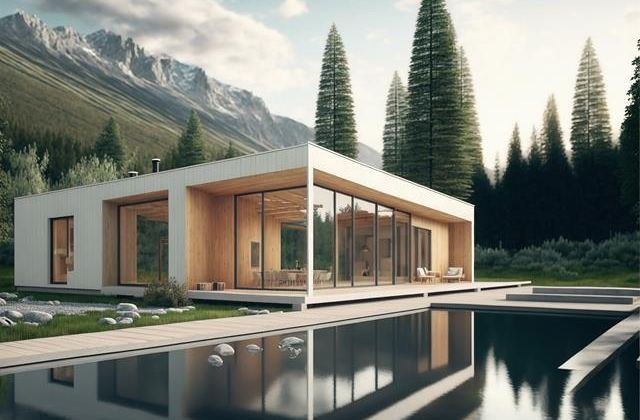 Modern modular home beside a pool